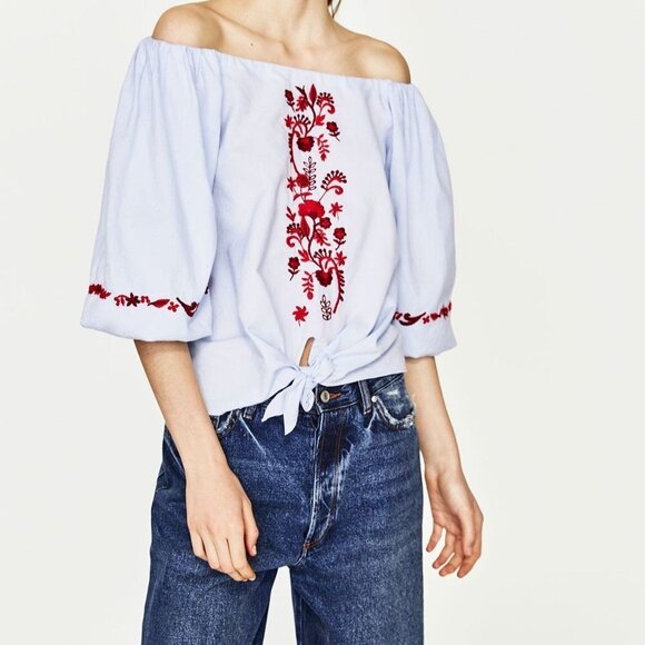 Zara‎ Embroidered Off-The-Shoulder Tie Front Blouse In Sky Blue w/ Red Women's S - Picture 1 of 7